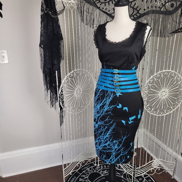 NWT Crow And Tree Black And Blue Pencil Dress Cage Buckle Belt Goth Deadstock - Picture 3 of 6